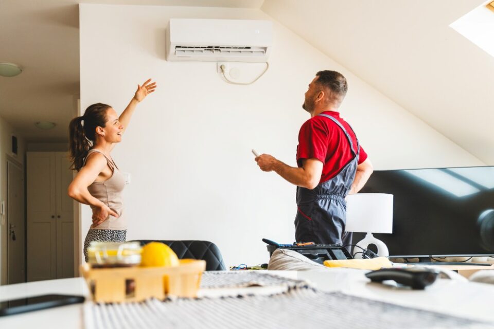 HVAC technician discussing mini-split air conditioner service with homeowner in Wauconda, IL