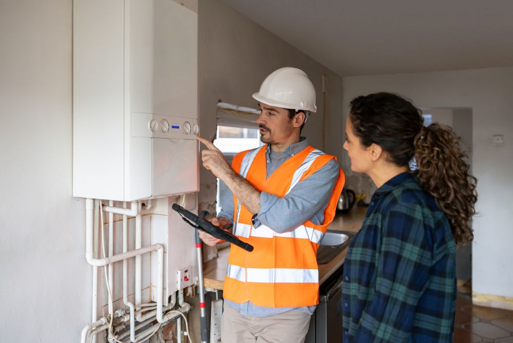 HVAC technician performing furnace maintenance inspection with homeowner